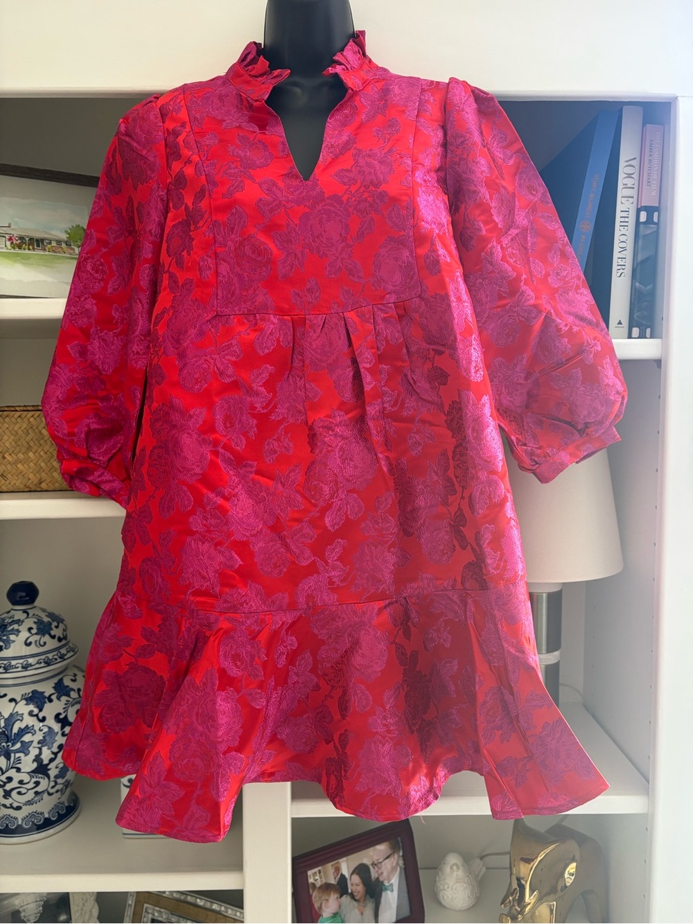 Avara Red and Fuchsia Floral Jacquard Party Dress